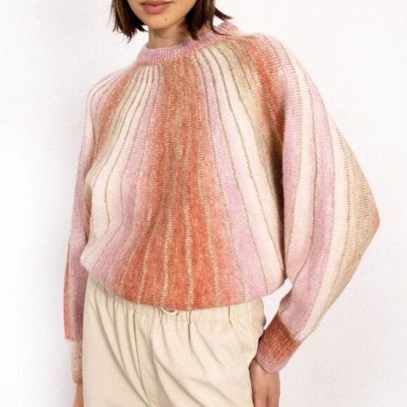 Molly Bracken Batwing Sleeve Space Dye Stripes Sweater Sz S Pink Orange Tan Gold - Picture 1 of 6